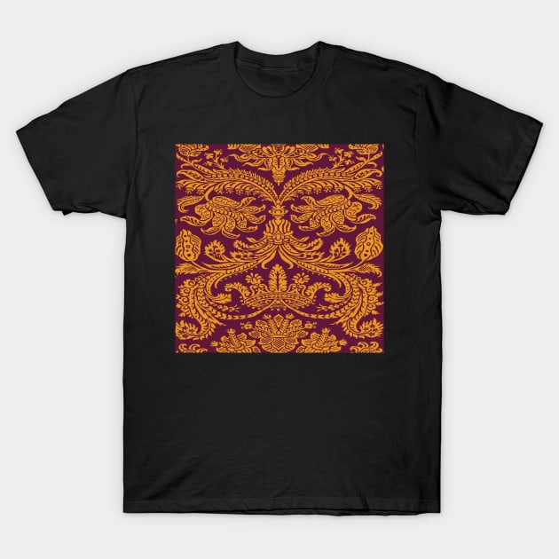 Gold on Burgundy Royal Medieval Damask Scrolls T-Shirt by JamieWetzel